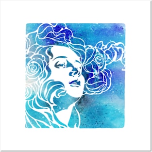 Girl With Hair Of Roses In Blue Posters and Art